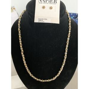 VTG Napier Gold & Silver Tone Round Beaded Strand Necklace and Stud Earrings